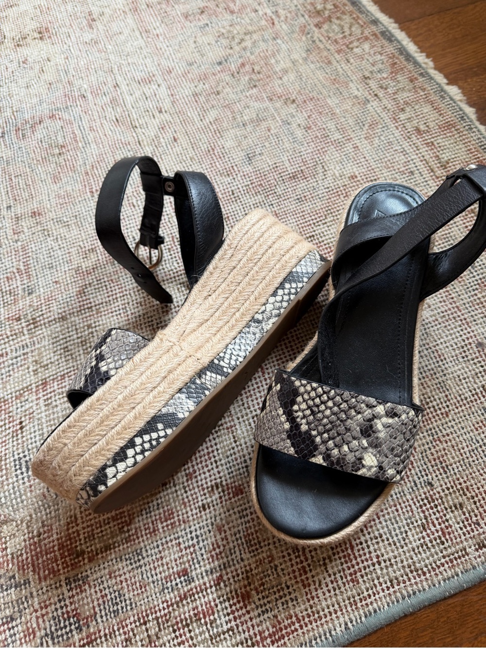 Marc Fisher Black and Snake-Print Espadrille Wedge Sandals